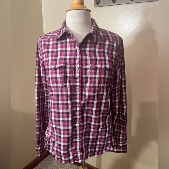 The North Face Purple/Black/White Checkered Snap Shirt Sz M - Picture 1 of 7